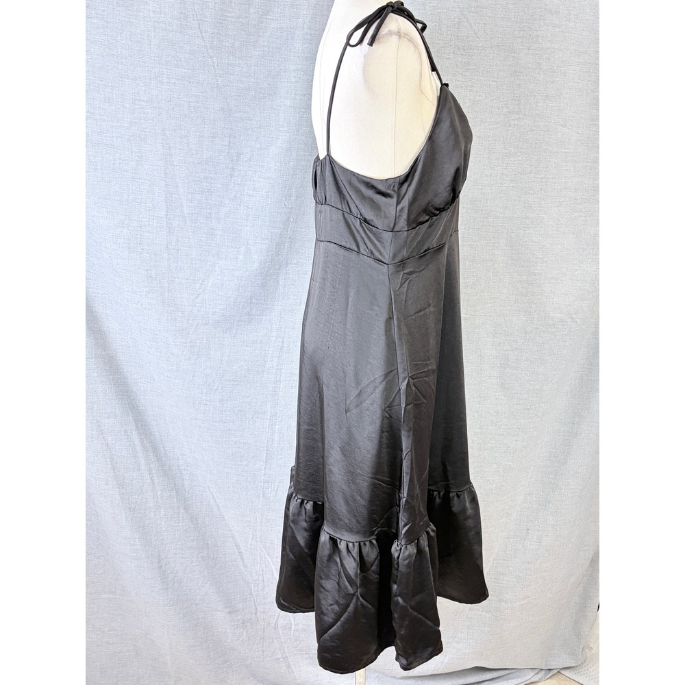 Nine West Black Satin Midi Dress Ruffle V-Neck Empire Waist Tiered Hem Size - Picture 6 of 10